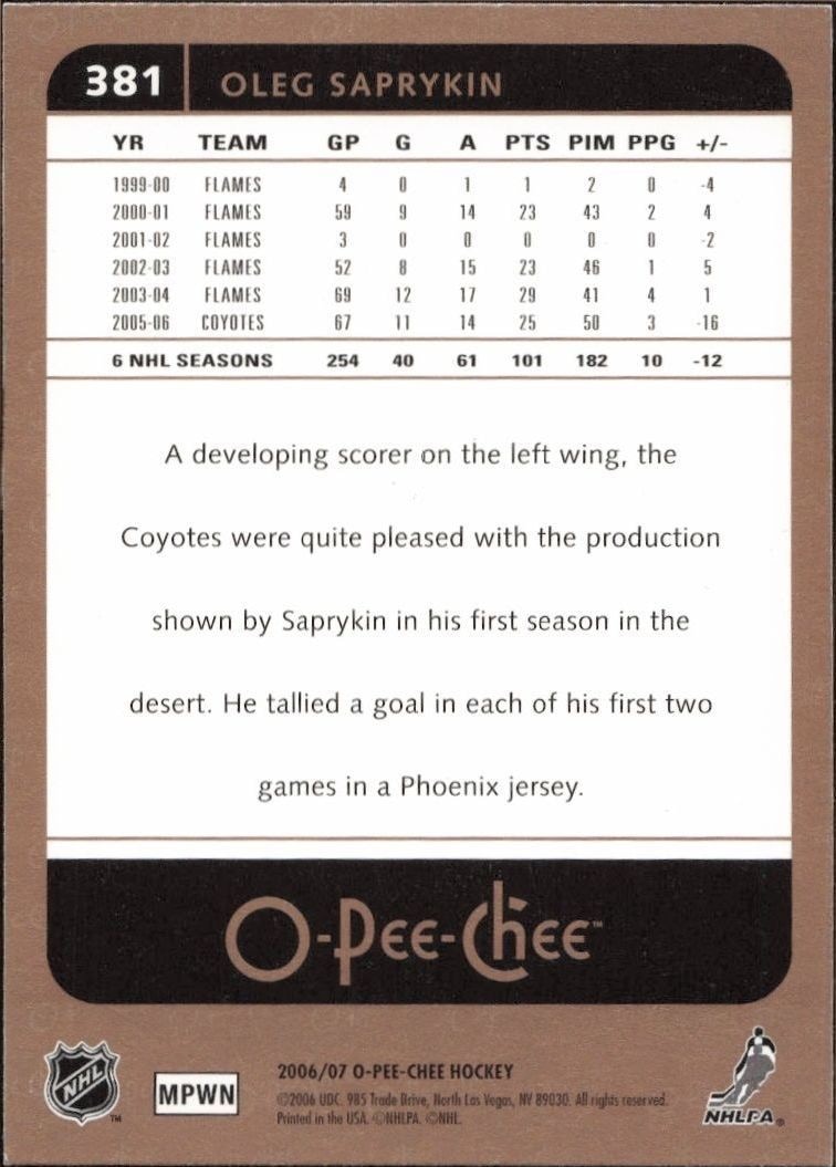2006-07 O-Pee-Chee Oleg Saprykin #381 hockey trading card back