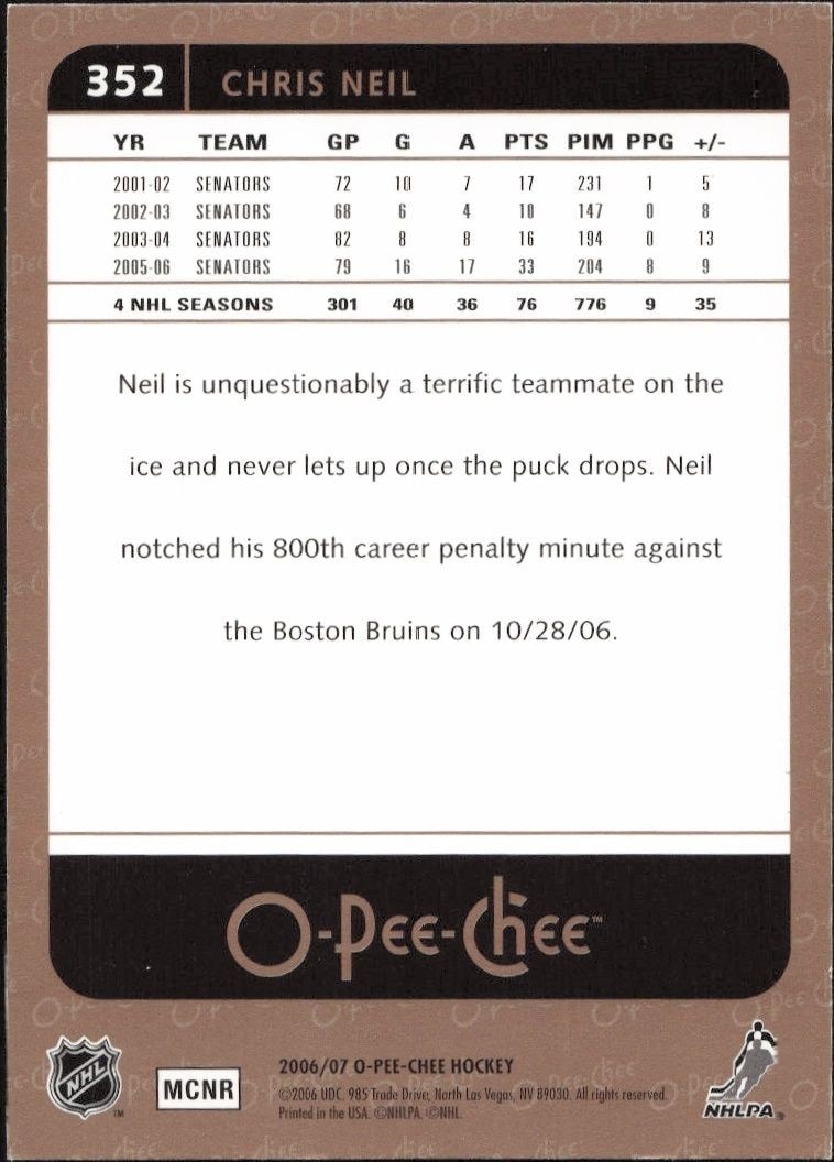 2006-07 O-Pee-Chee Chris Neil #352 hockey trading card back
