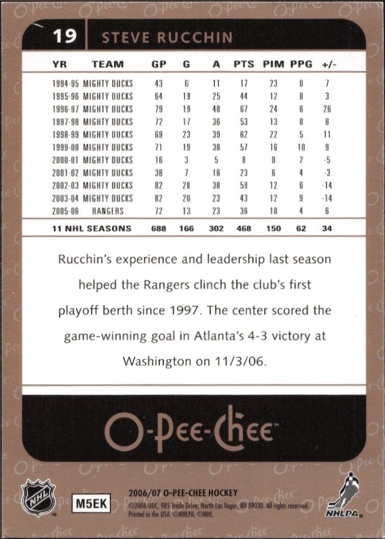 2006-07 O-Pee-Chee Steve Rucchin #19 hockey trading card back