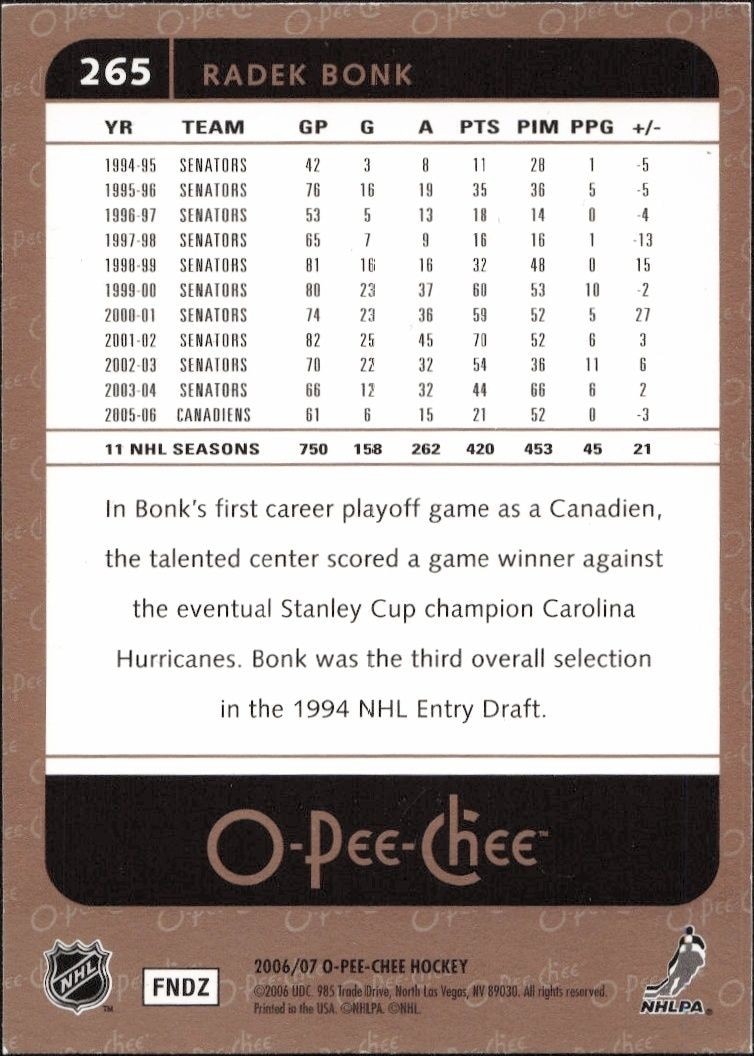 2006-07 O-Pee-Chee Radek Bonk #265 hockey trading card back