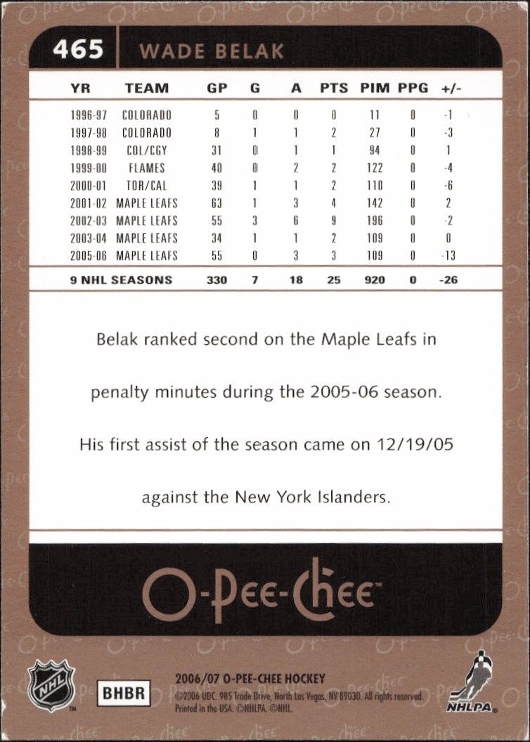 2006-07 O-Pee-Chee Wade Belak #465 hockey trading card back