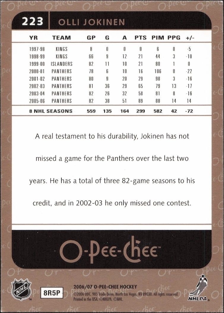 2006-07 O-Pee-Chee Olli Jokinen #223 hockey trading card back