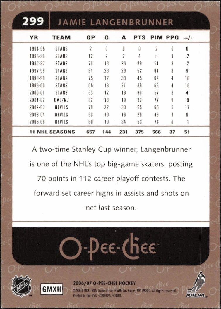 2006-07 O-Pee-Chee Jamie Langenbrunner #299 hockey trading card back