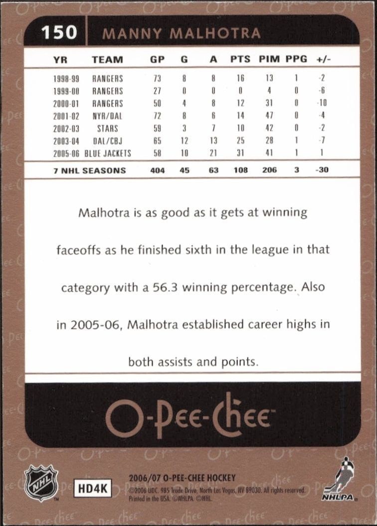 2006-07 O-Pee-Chee Manny Malhotra #150 hockey trading card back
