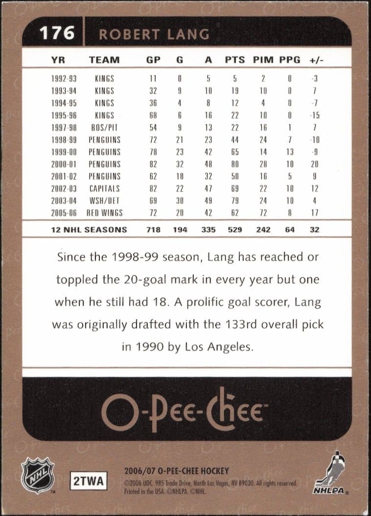 2006-07 O-Pee-Chee Robert Lang #176 hockey trading card back