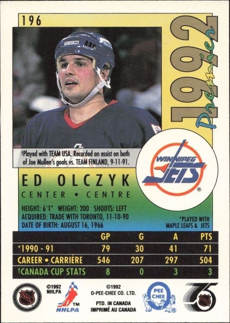 1992-93 O-Pee-Chee Premier Ed Olczyk #196 hockey trading card back