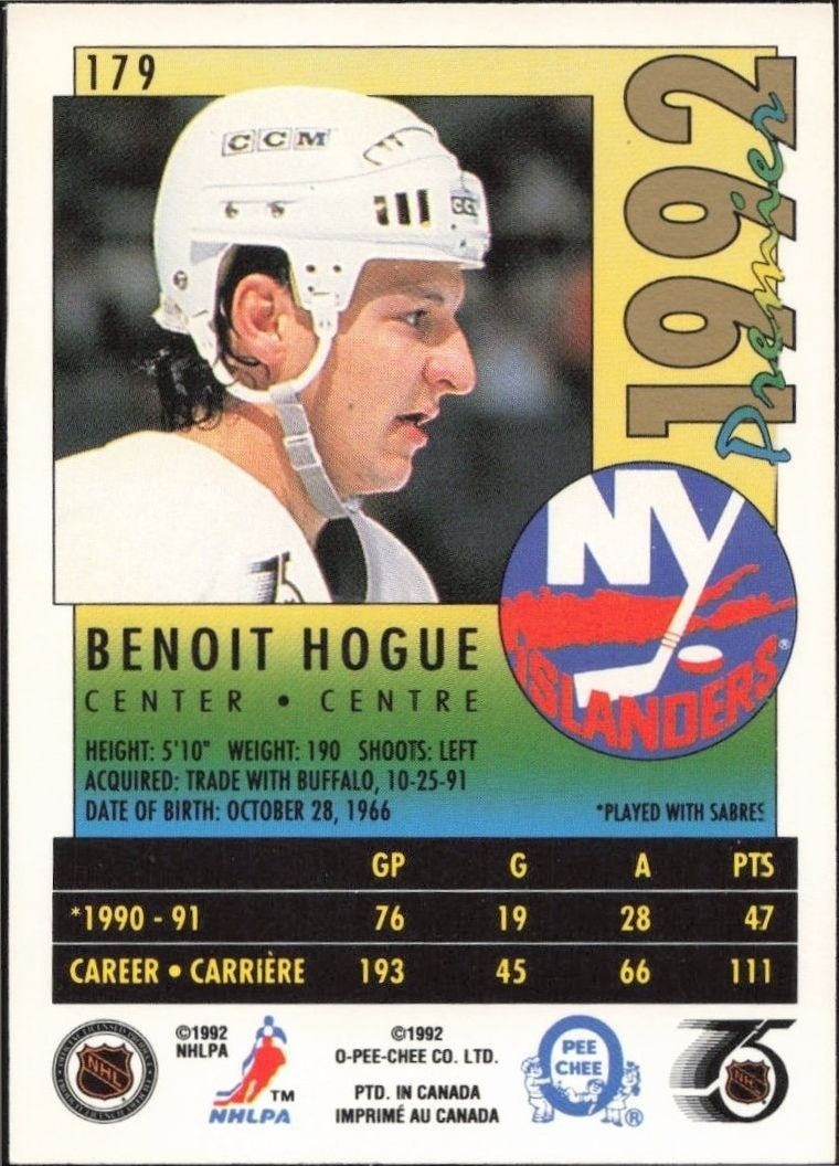 1992-93 O-Pee-Chee Premier Benoit Hogue #179 hockey trading card back