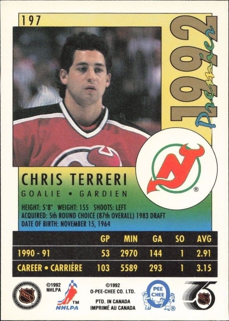 1992-93 O-Pee-Chee Premier Chris Terreri #197 hockey trading card back