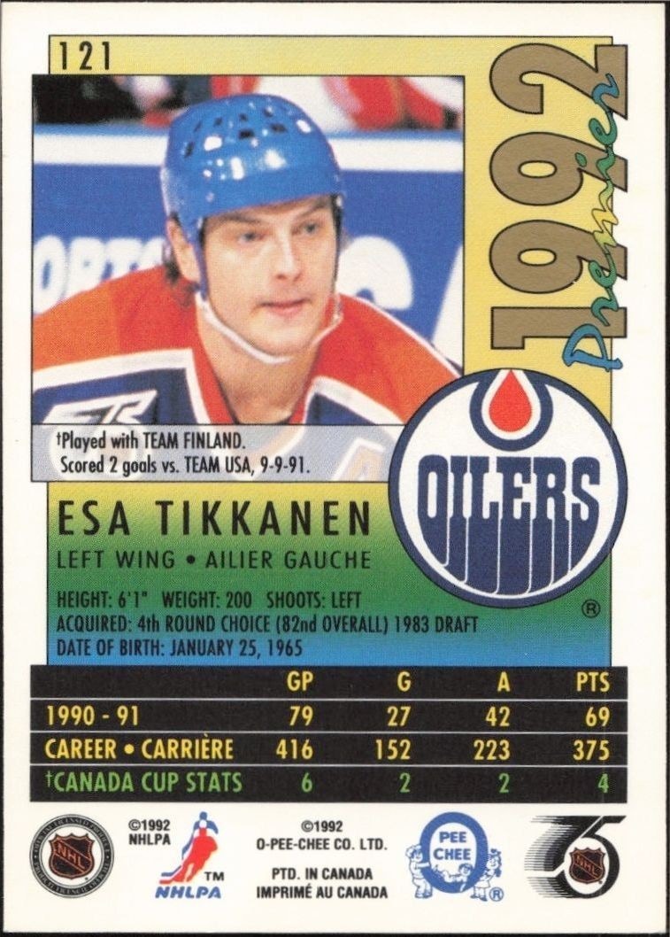 1992-93 O-Pee-Chee Premier Esa Tikkanen #121 hockey trading card back
