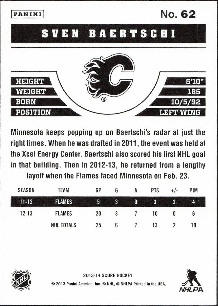 2013-14 Panini Score Sven Baertschi #62 hockey trading card back