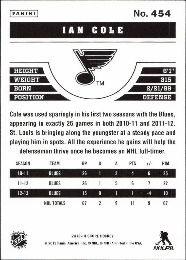 2013-14 Panini Score Ian Cole #454 hockey trading card back