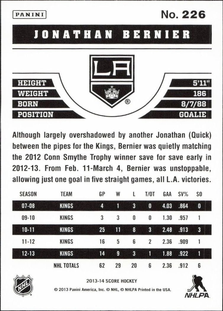 2013-14 Panini Score Jonathan Bernier #226 hockey trading card back