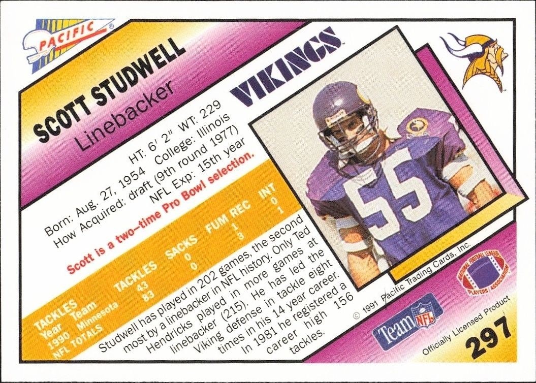 1991 Pacific Scott Studwell #297 football trading card back