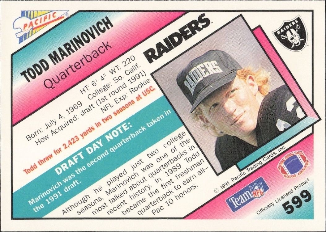 1991 Pacific Todd Marinovich #599 football trading card back