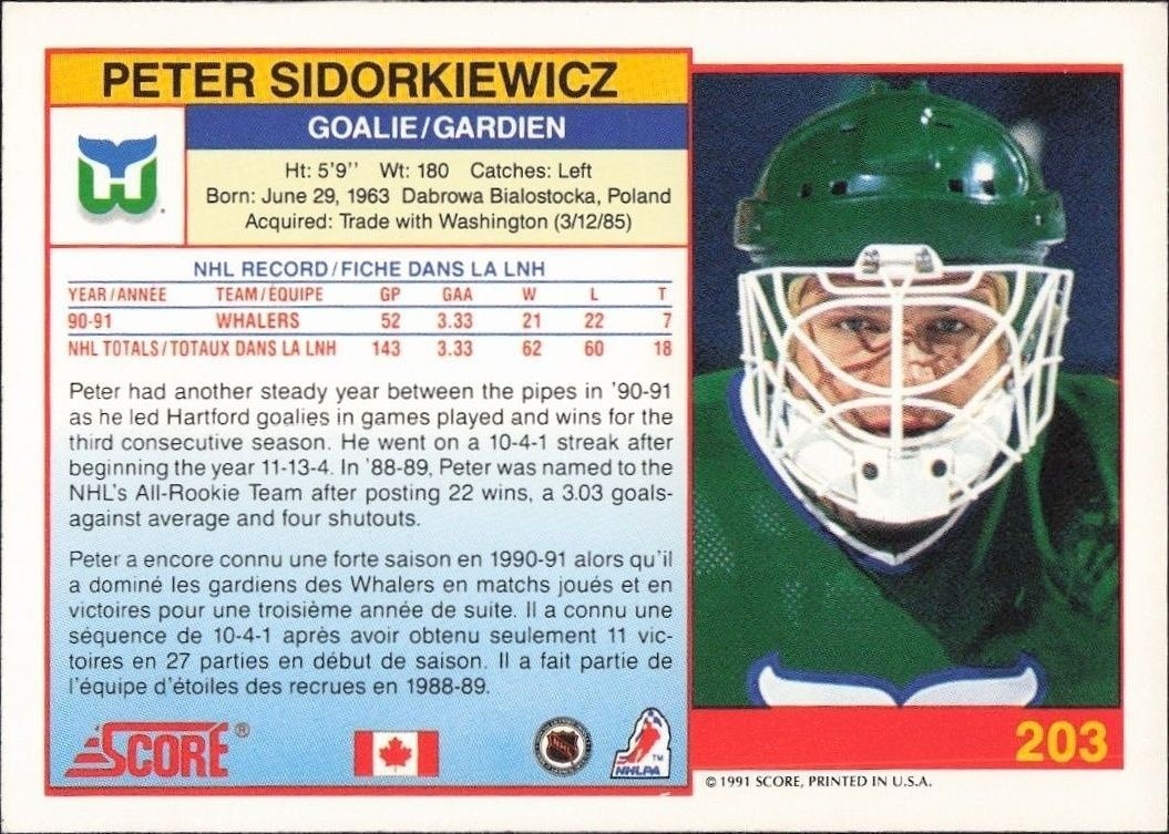 1991-92 Score Canadian Bilingual Peter Sidorkiewicz #203 hockey trading card back