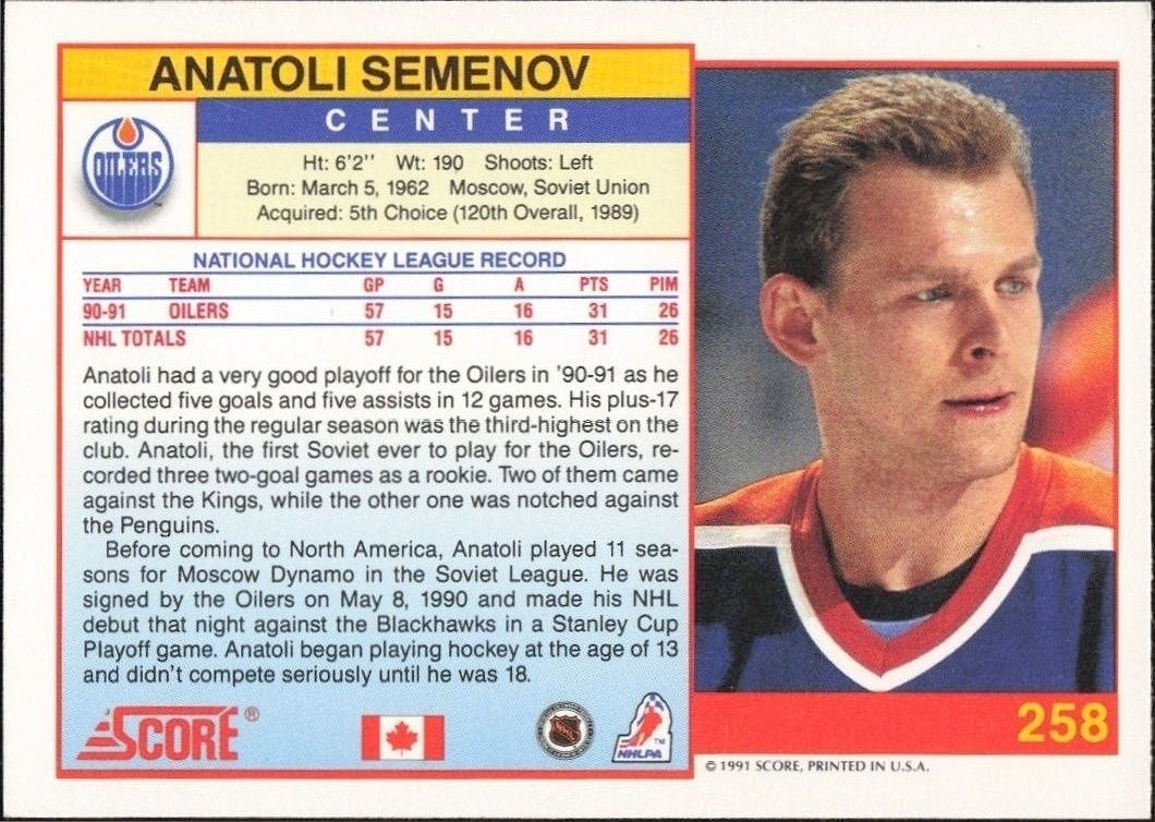 1991-92 Score Canadian English Anatoli Semenov #258 hockey trading card back