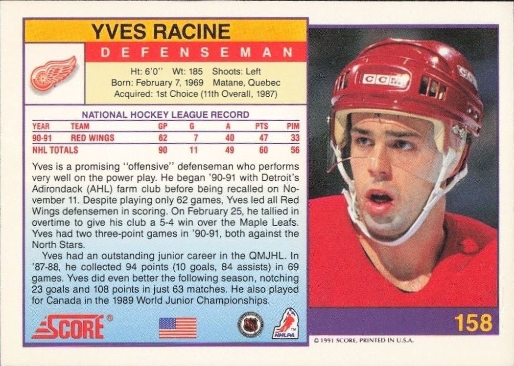 1991-92 Score American Yves Racine #158 hockey trading card back