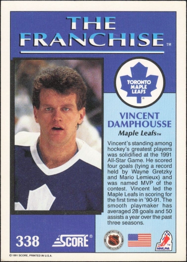 1991-92 Score American Vincent Damphousse #338 hockey trading card back