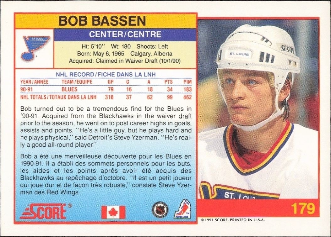1991-92 Score Canadian Bilingual Bob Bassen #179 hockey trading card back