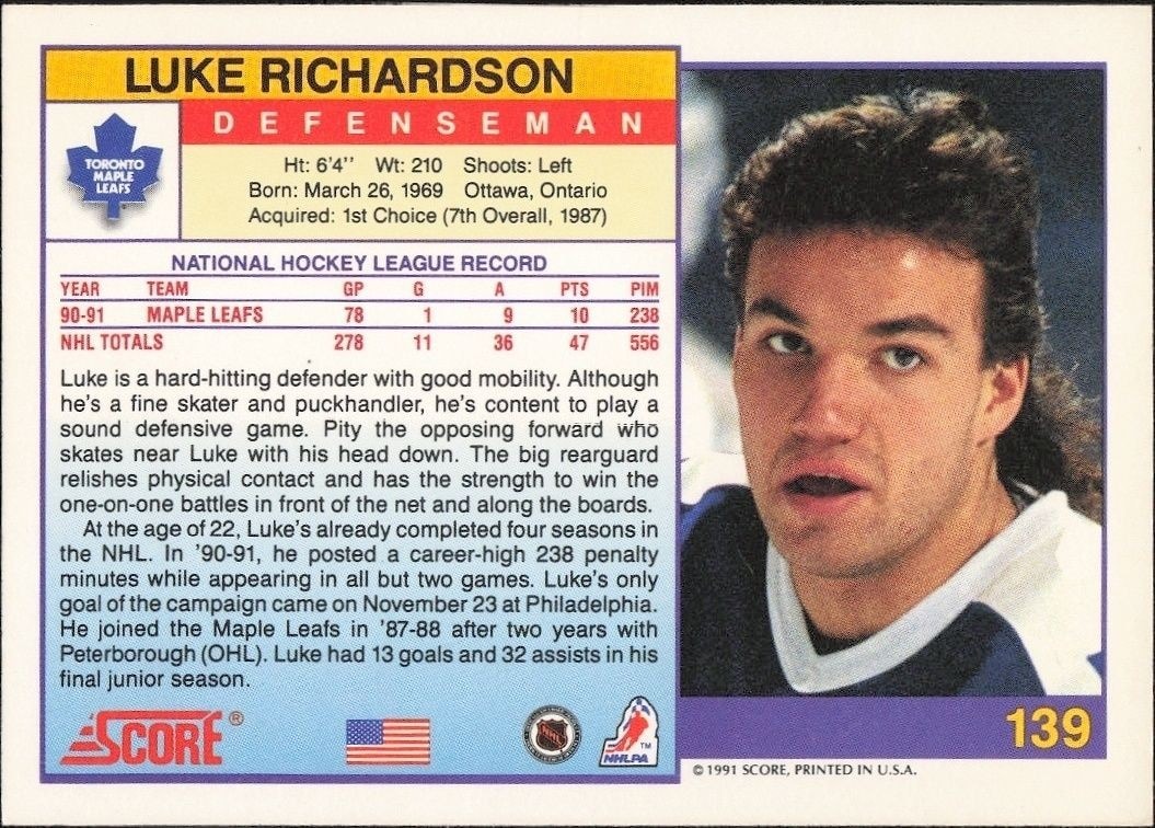1991-92 Score American Luke Richardson #139 hockey trading card back