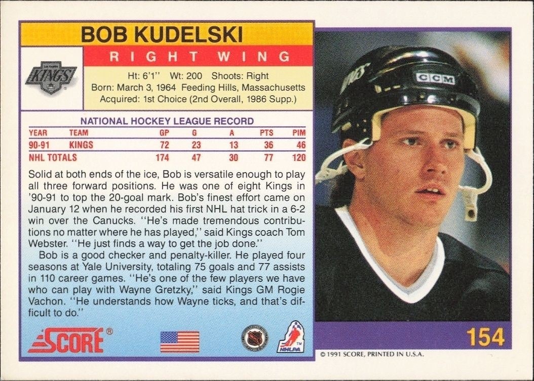 1991-92 Score American Bob Kudelski #154 hockey trading card back
