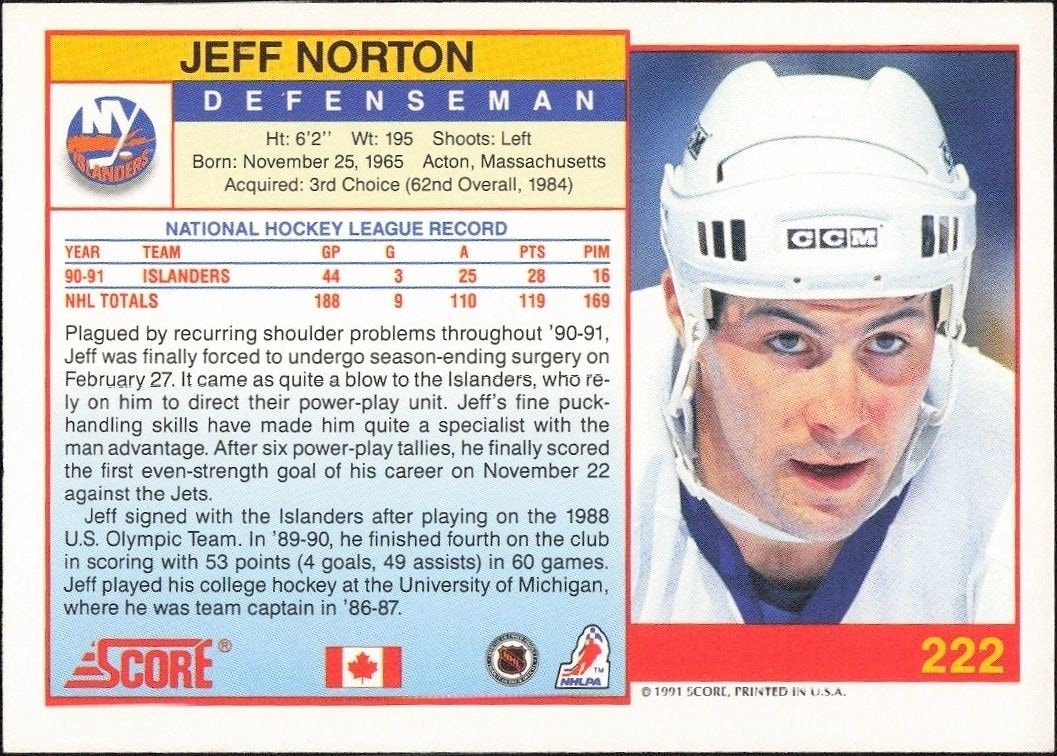 1991-92 Score Canadian English Jeff Norton #222 hockey trading card back