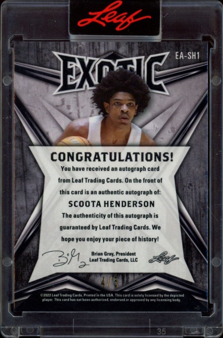 2022-23 Leaf Exotic Scoot Henderson #EA-SH1 basketball trading card back