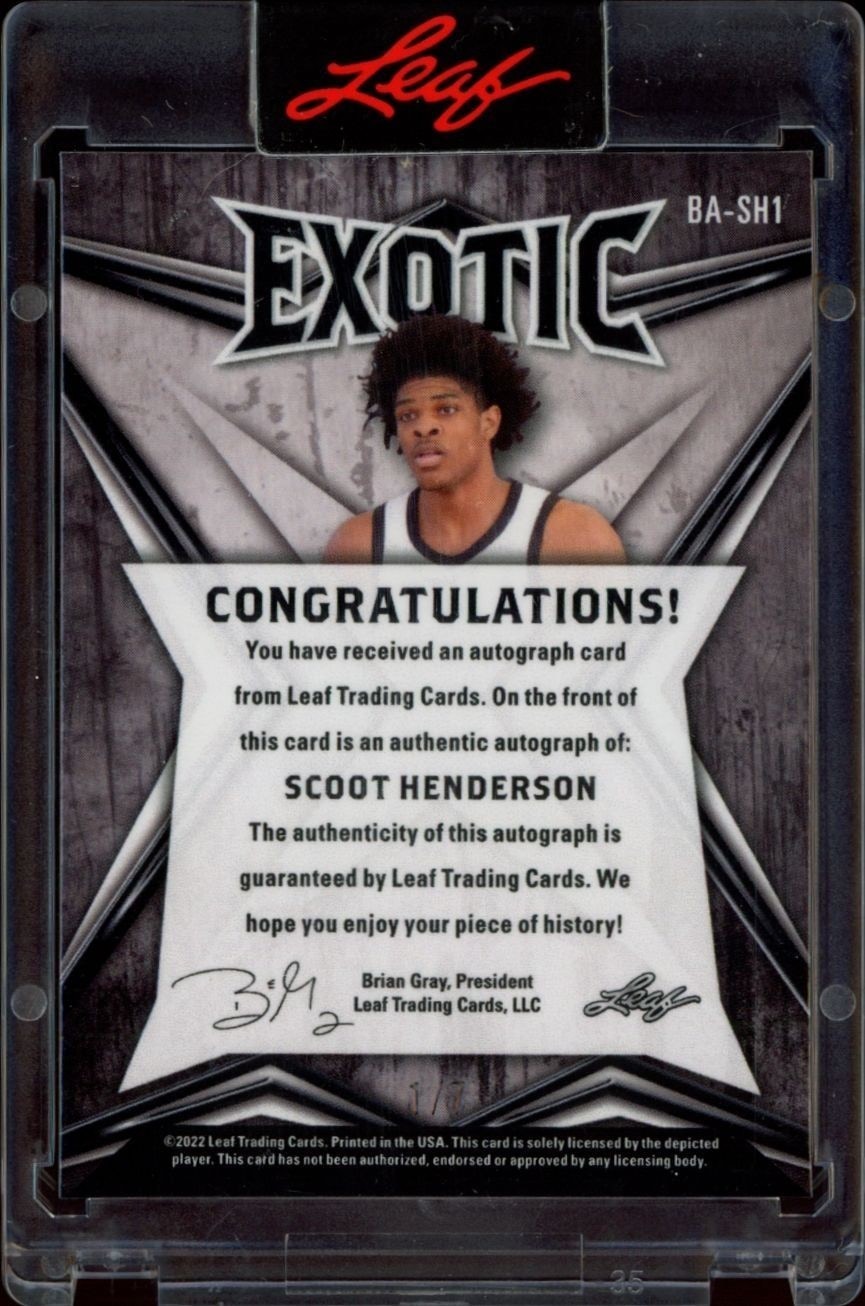 2022-23 Leaf Exotic Scoot Henderson #BA-SH1 basketball trading card back