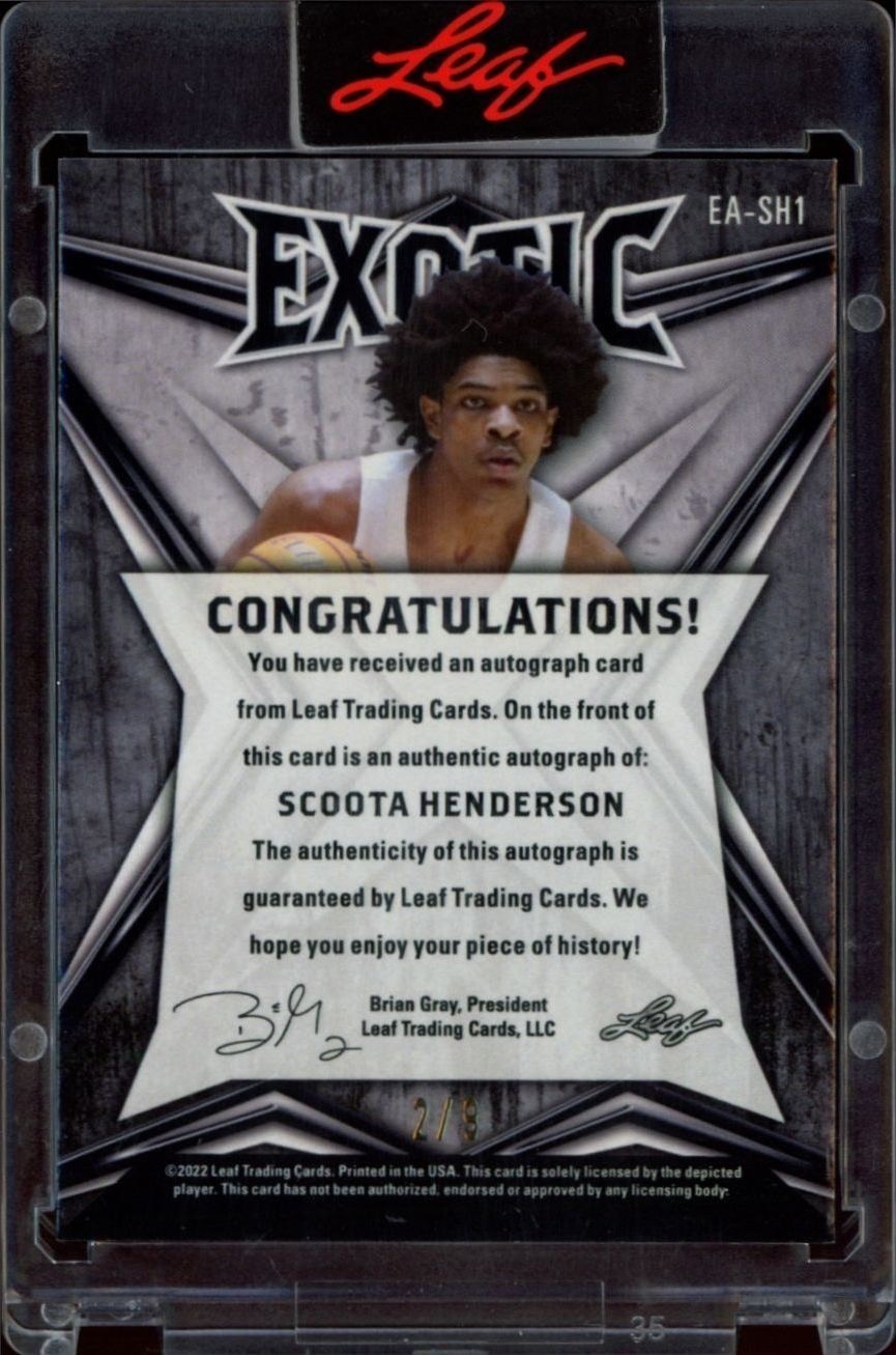 2022-23 Leaf Exotic Scoot Henderson #EA-SH1 basketball trading card back
