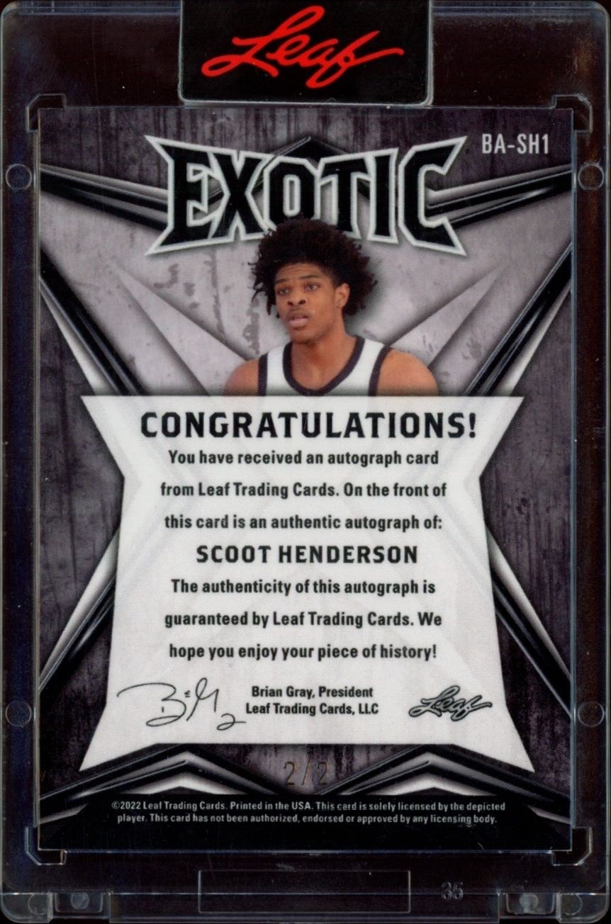 2022-23 Leaf Exotic Scoot Henderson #BA-SH1 basketball trading card back
