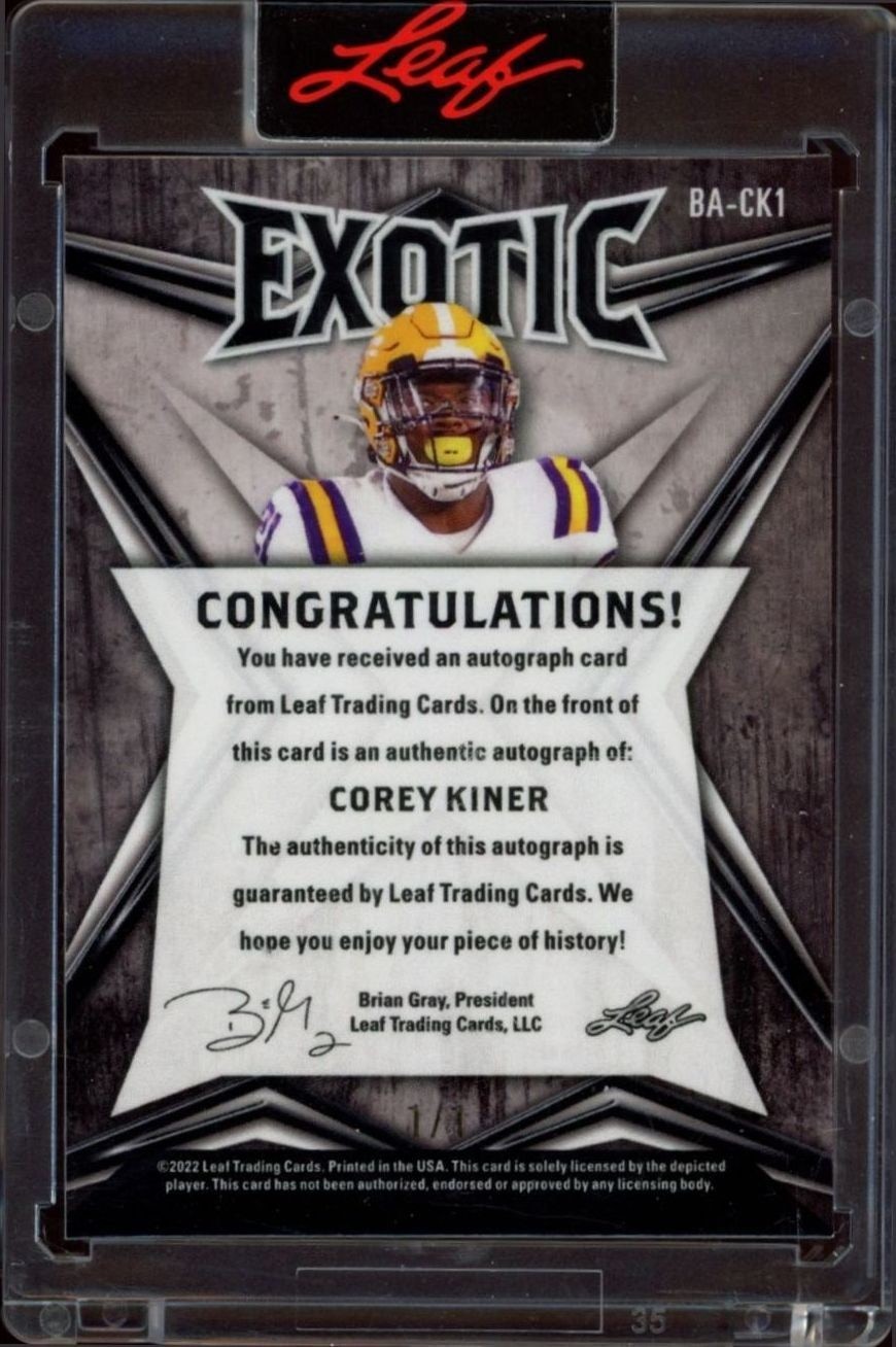 2022 Leaf Exotic Corey Kiner #BA-CK1 football trading card back