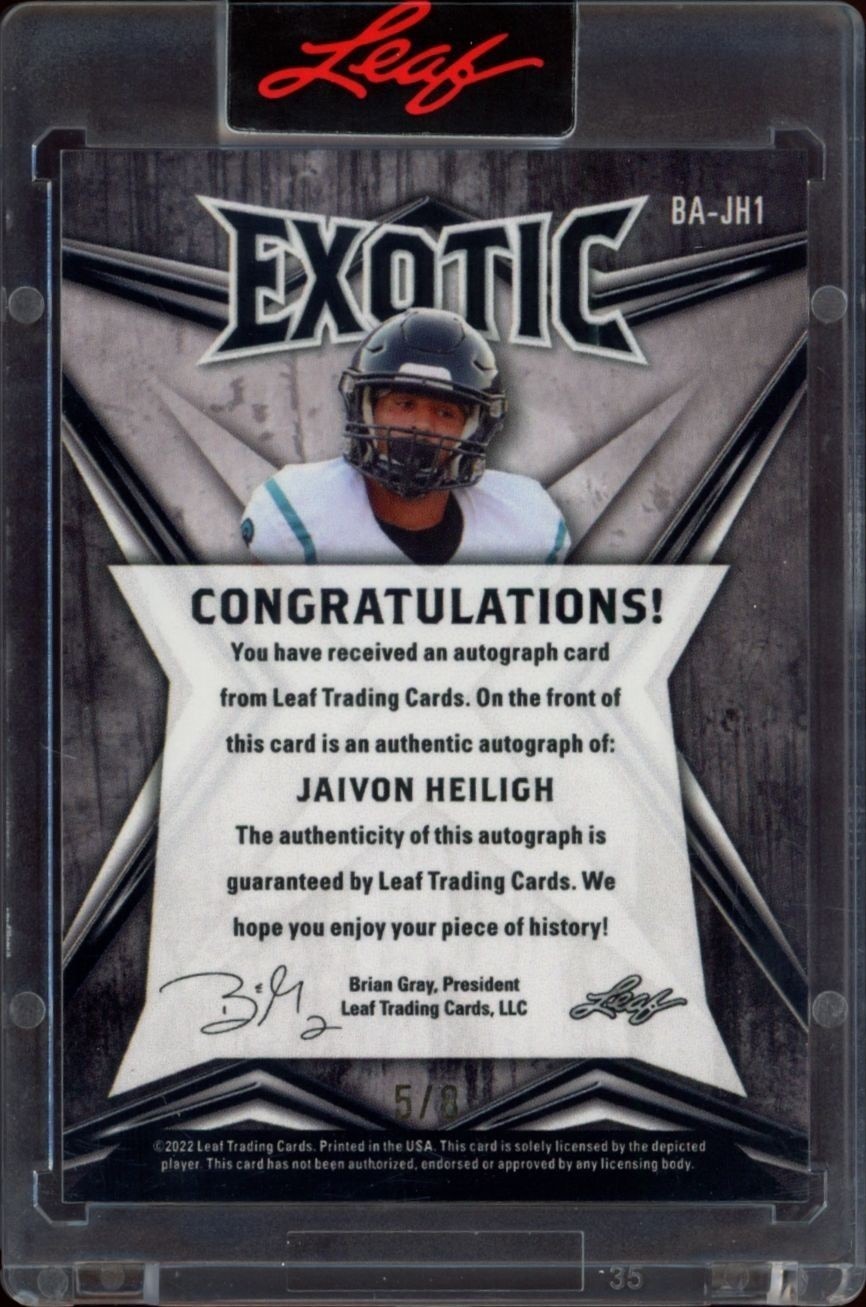 2022 Leaf Exotic Jaivon Heilich #BA-JH1 football trading card back