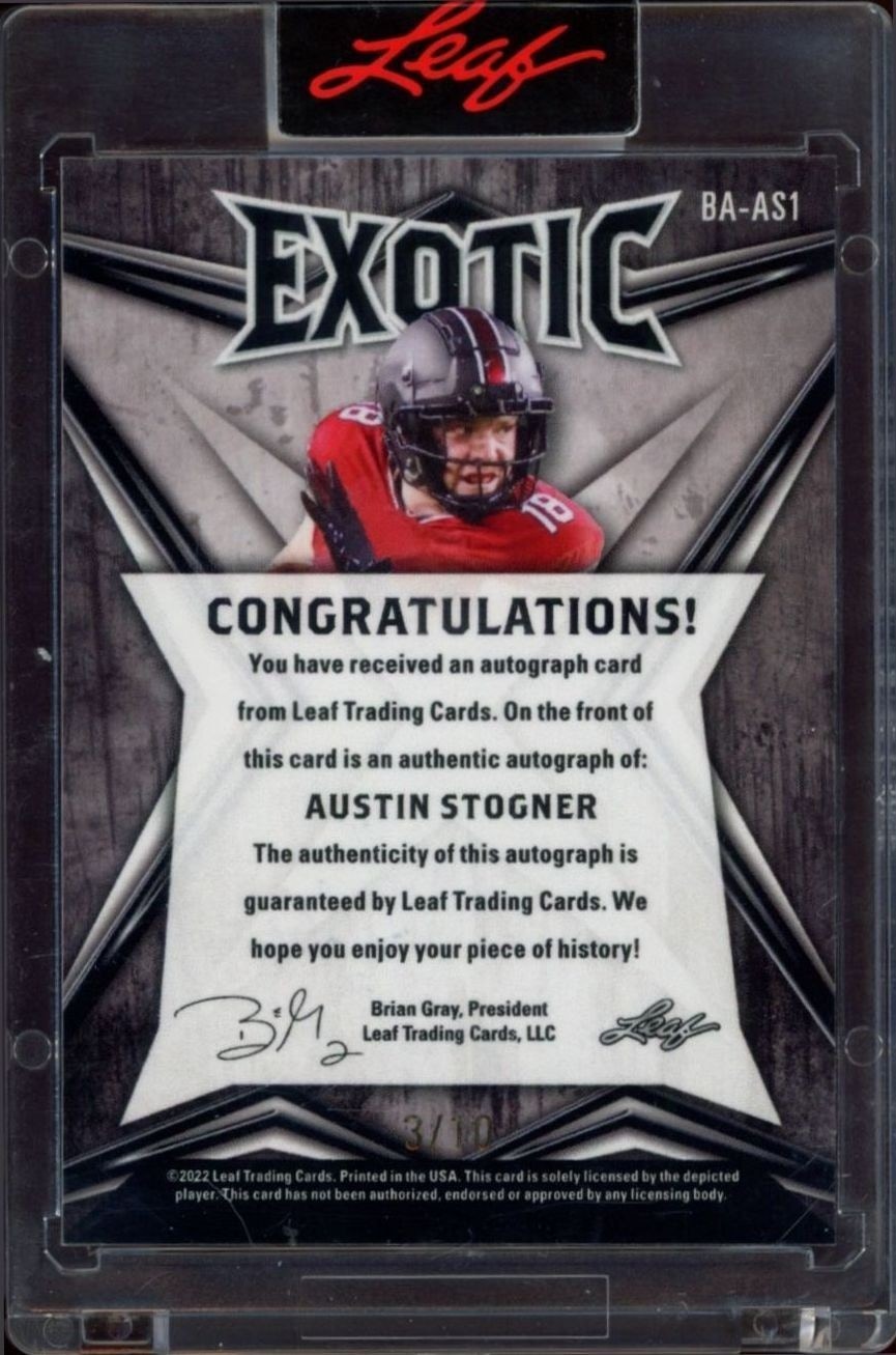 2022 Leaf Exotic Austin Stogner #BA-AS1 football trading card back