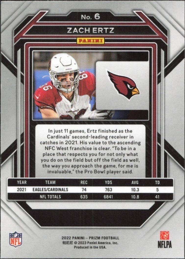 2022 Panini Prizm Football Zach Ertz #6 football trading card back