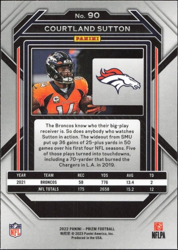 2022 Panini Prizm Football Courtland Sutton #90 football trading card back