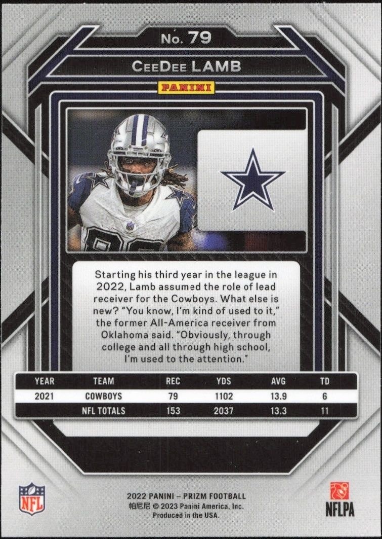 2022 Panini Prizm Football CeeDee Lamb #79 football trading card back