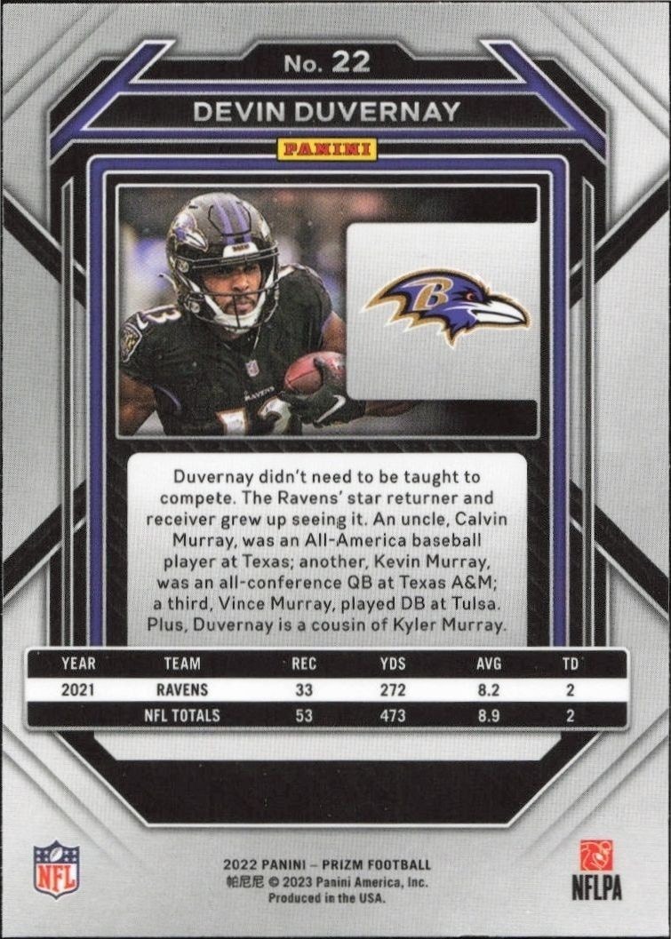 2022 Panini Prizm Football Devin Duvernay #22 football trading card back