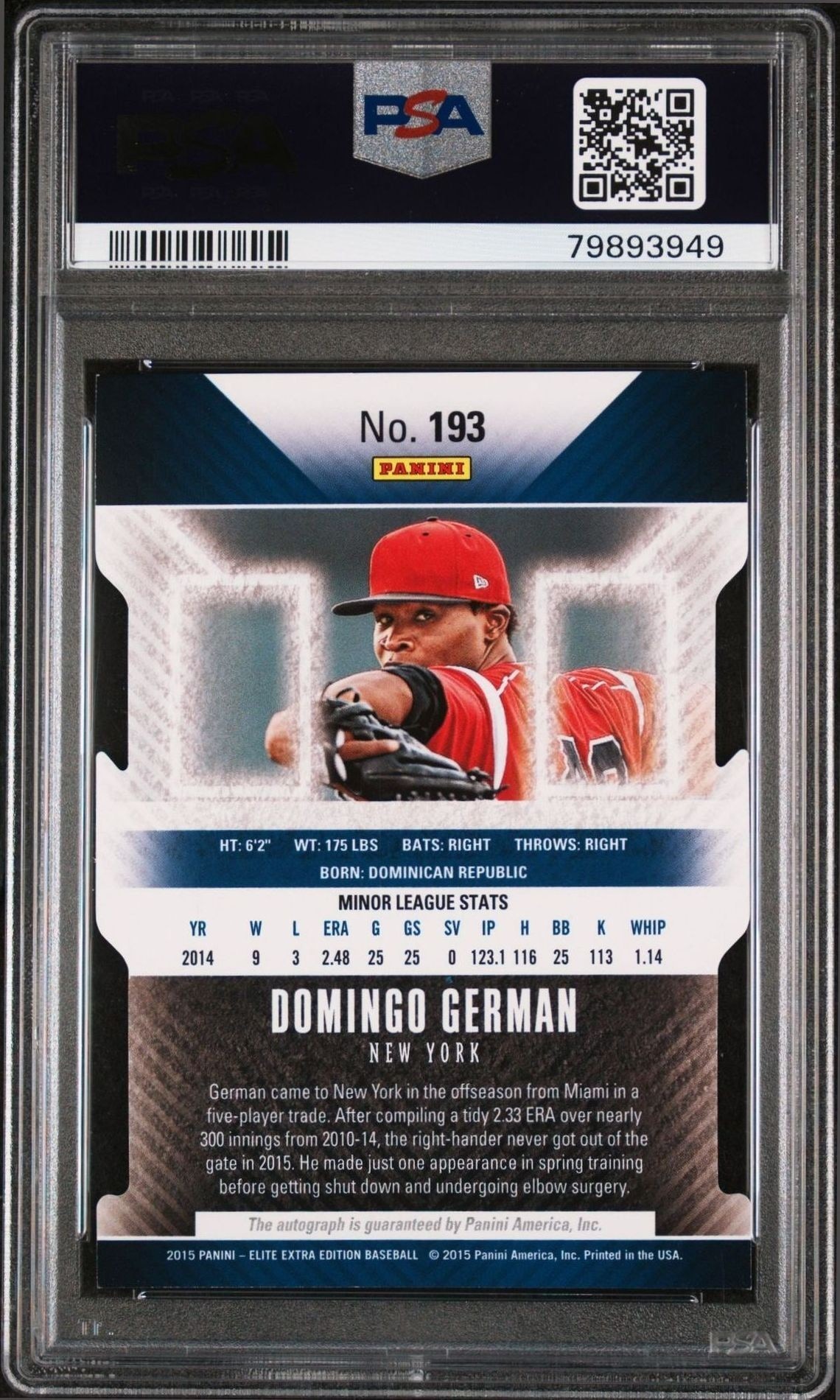 2015 Panini Elite Extra Edition Domingo German #193 baseball trading card back