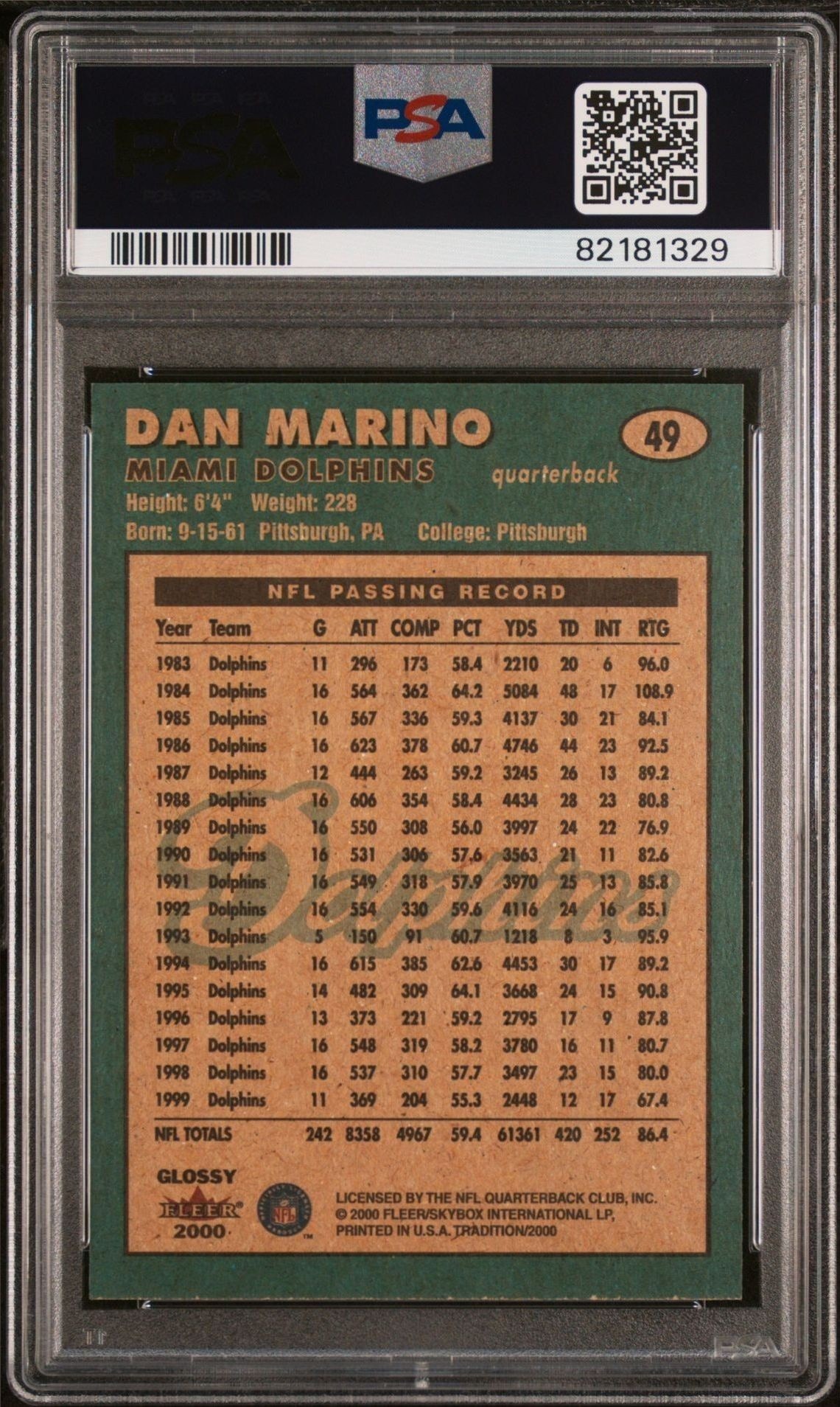 2000 Fleer Dan Marino #49 football trading card back