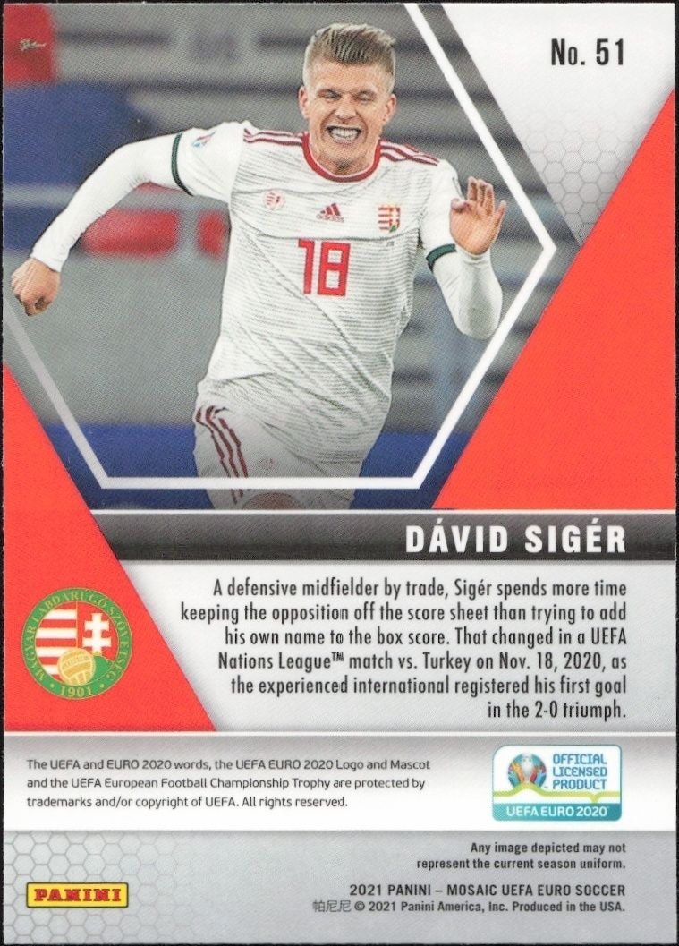 2021 Panini Mosaic Uefa Euro Dávid Sigér #51 soccer trading card back