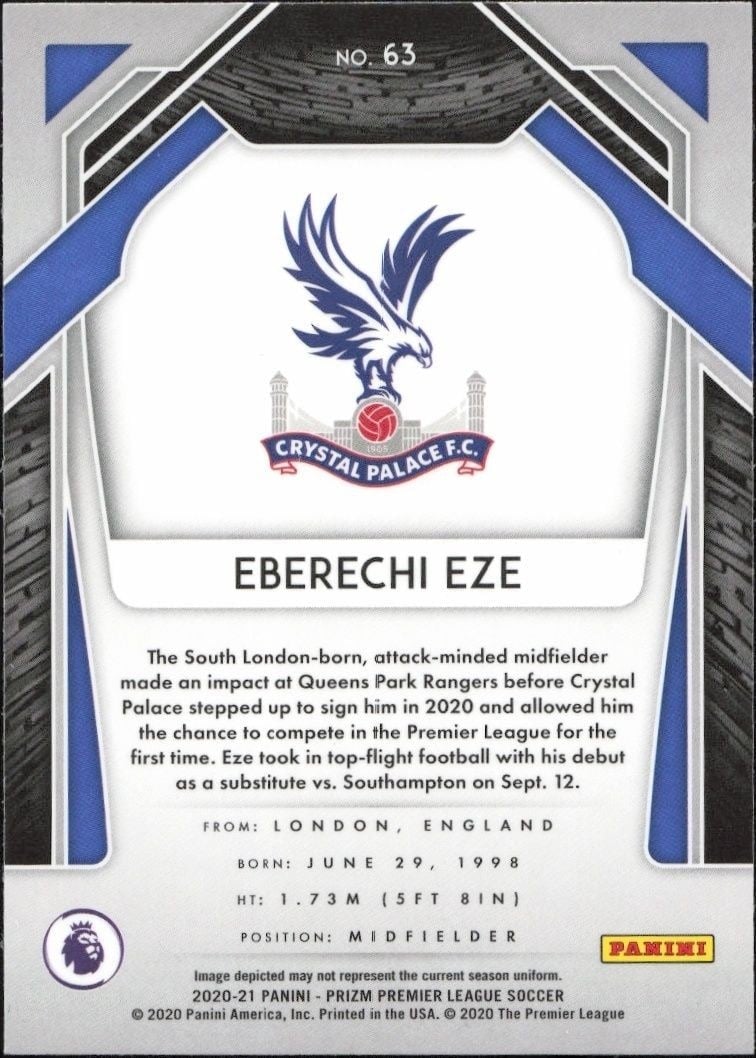2020 Panini Prizm Premier League Eberechi Eze #63 soccer trading card back