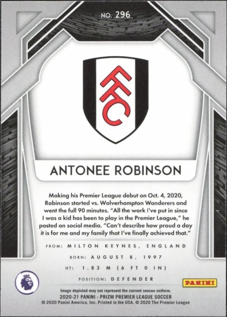 2020 Panini Prizm Premier League Antonee Robinson #296 soccer trading card back