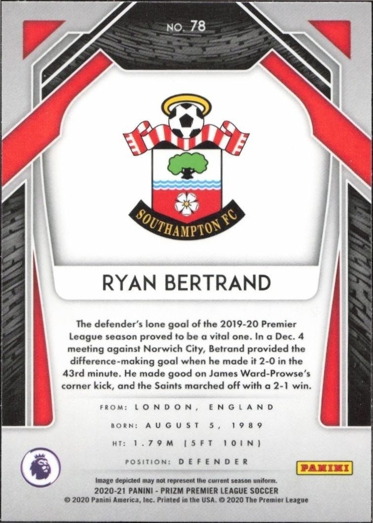 2020 Panini Prizm Premier League Ryan Bertrand #78 soccer trading card back