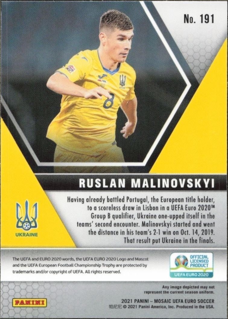 2021 Panini Mosaic Uefa Euro Ruslan Malinovskyi #191 soccer trading card back