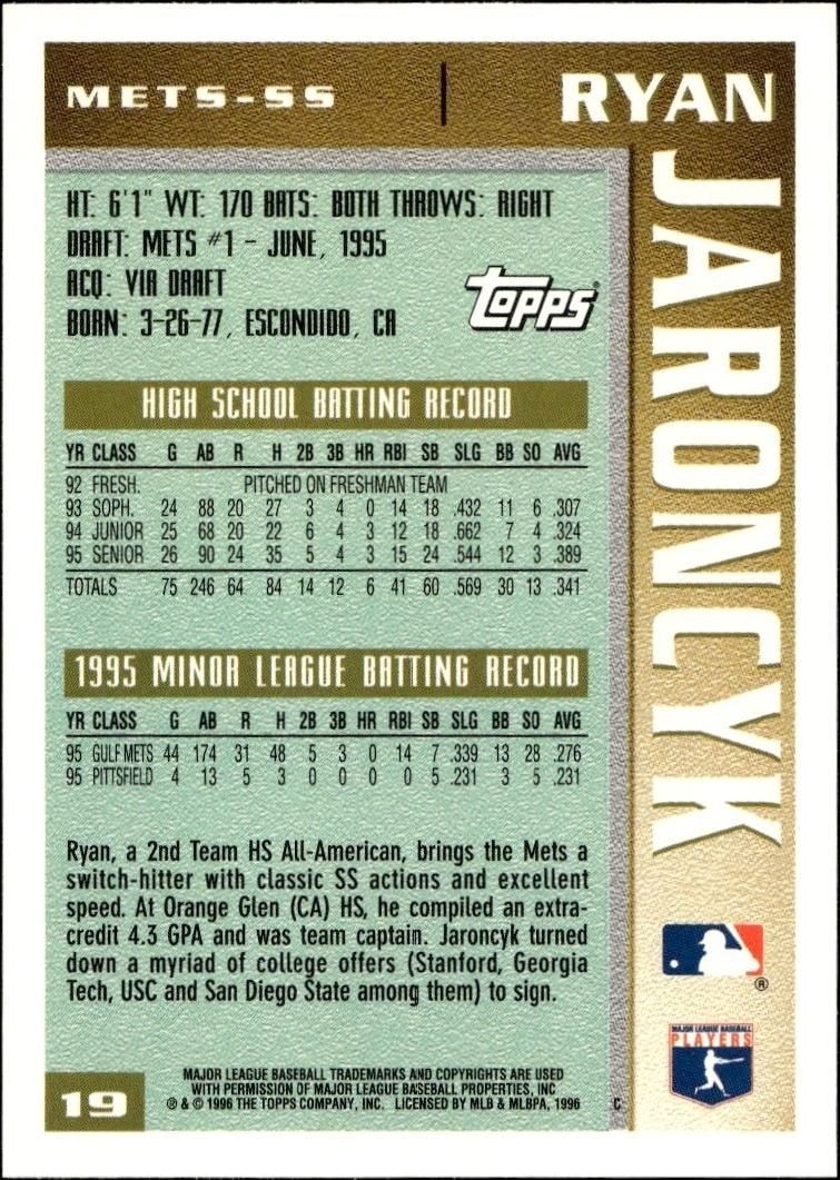 1996 Topps Ryan Jaroncyk #19 baseball trading card back