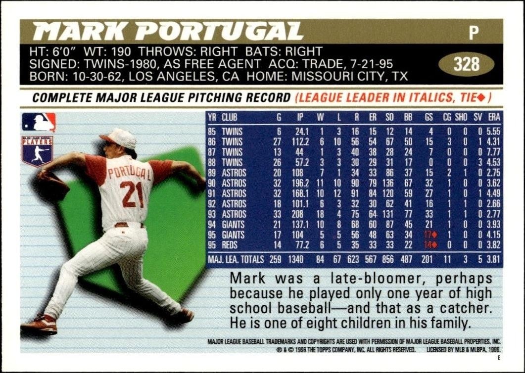 1996 Topps Mark Portugal #328 baseball trading card back