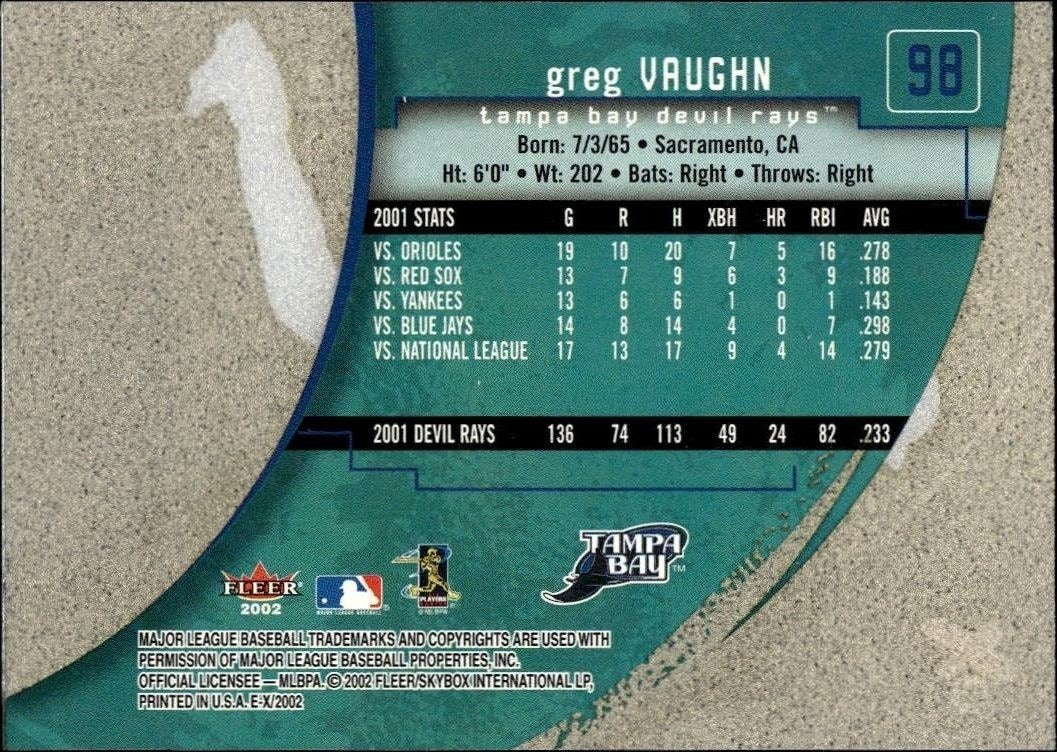 2002 Fleer E-X Greg Vaughn #98 baseball trading card back