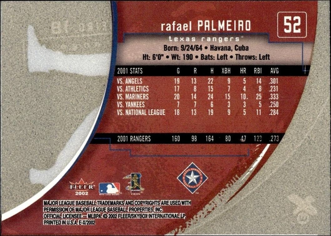 2002 Fleer E-X Rafael Palmeiro #52 baseball trading card back