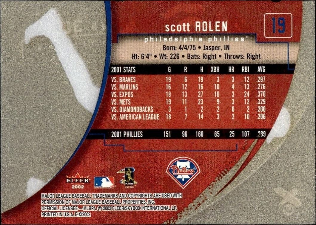 2002 Fleer E-X Scott Rolen #19 baseball trading card back