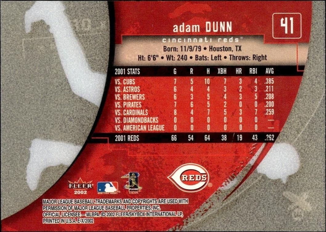 2002 Fleer E-X Adam Dunn #41 baseball trading card back